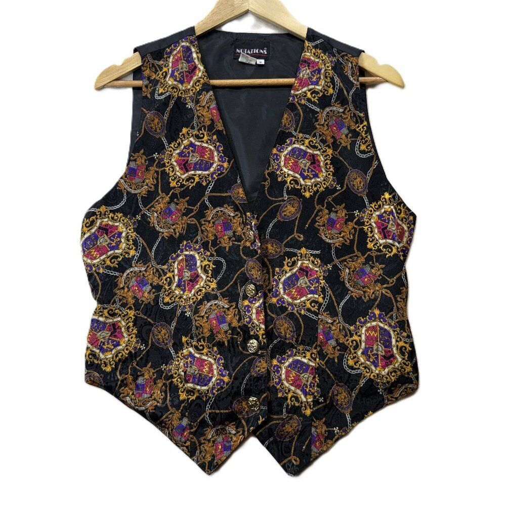 Cute Black Baroque Chain Print Vest Gold Button Front Size Small Statement Layer
